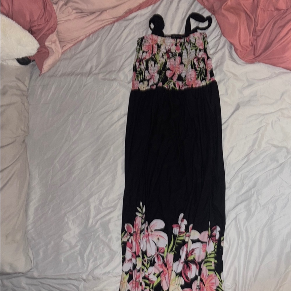 Floral Maxi Dress with Black and Pink Accents